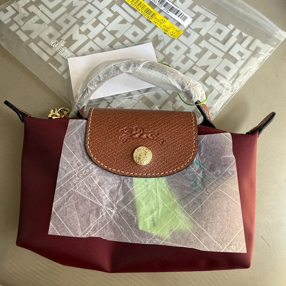 Longchamp Mini Le Pliage Top-Handle Bag in Burgundy with Brown Flap - Picture 2 of 5